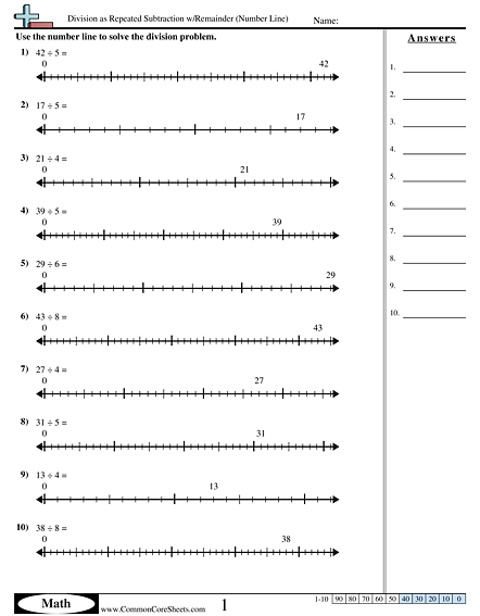 Division as Repeated Subtraction w/Remainder (Number Line) Worksheet - Division as Repeated Subtraction w/Remainder (Number Line) worksheet